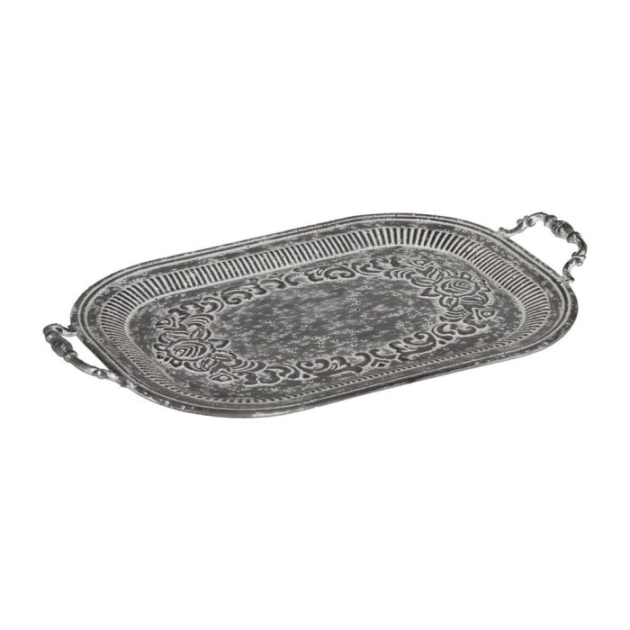Set 2 tăvi decorative gri din metal cu mânere decorate și model floral în relief în două mărimi [3]