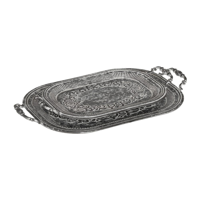 Set 2 tăvi decorative gri din metal cu mânere decorate și model floral în relief în două mărimi [2]