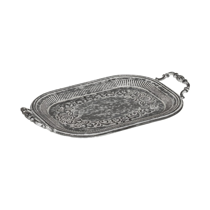 Set 2 tăvi decorative gri din metal cu mânere decorate și model floral în relief în două mărimi [4]