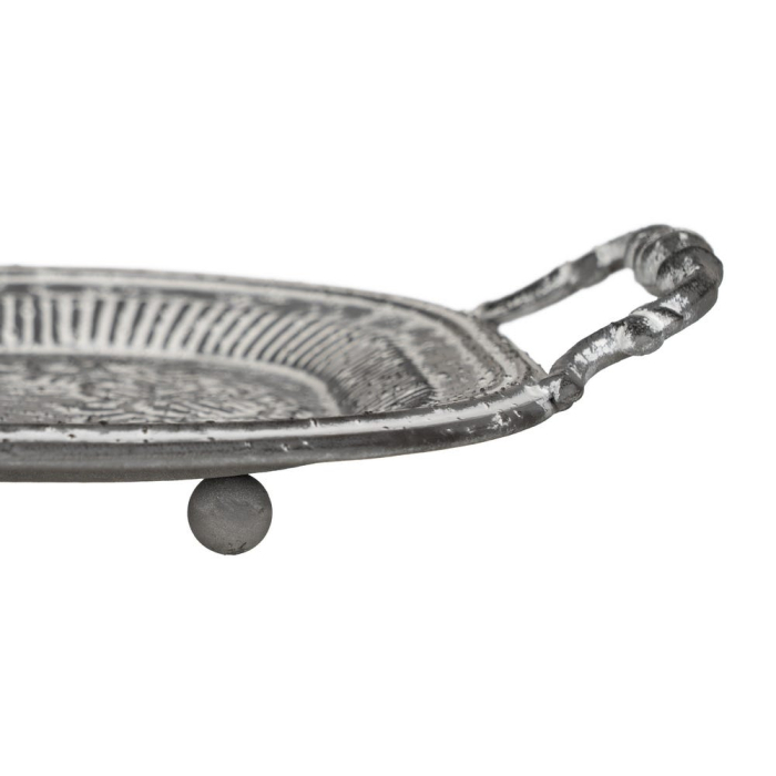 Set 2 tăvi decorative gri din metal cu mânere decorate și model floral în relief în două mărimi [7]