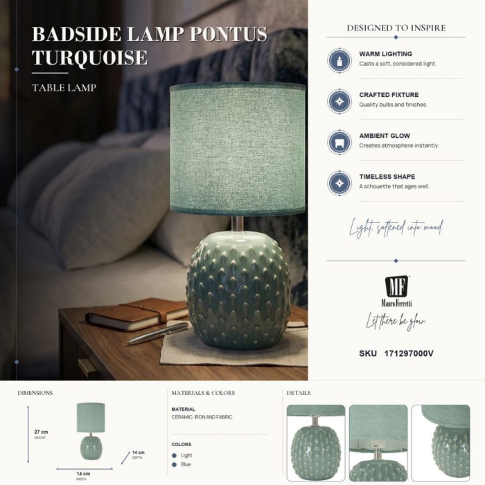 Set 2 veioze cu bază ceramică verde salvie cu relief în solzi și abajur textil [7]