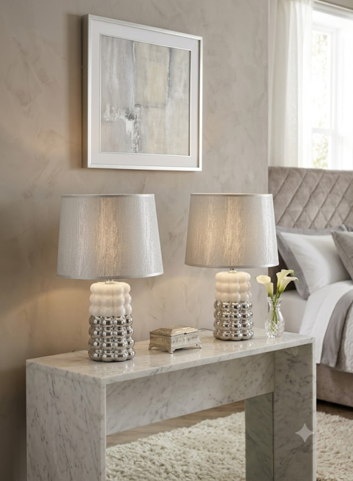 Veioze din ceramică alb-argintiu cu abajur textil – imagine principală – Lace [2]