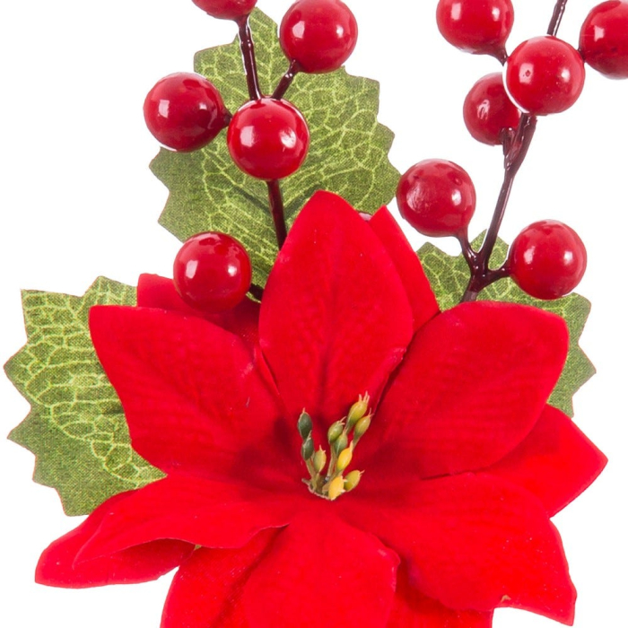 Set 24 crenguțe de ilice cu floare poinsettia roșie frunze verzi și bobițe roșii lucioase din plastic [2]