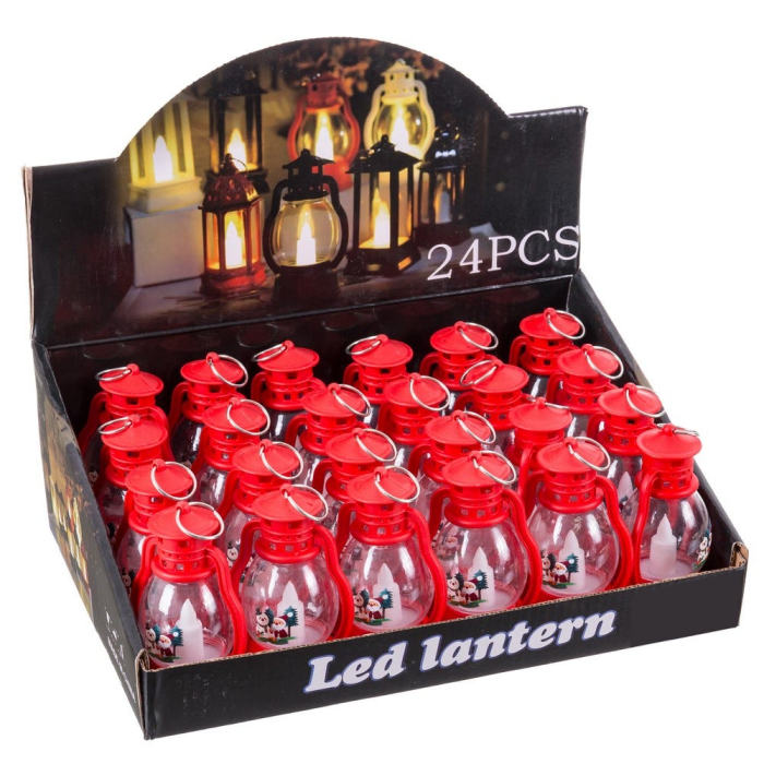 Set 24 felinare mici roșii din plastic cu lumină cu omuleți de zăpadă în cutie de prezentare [2]
