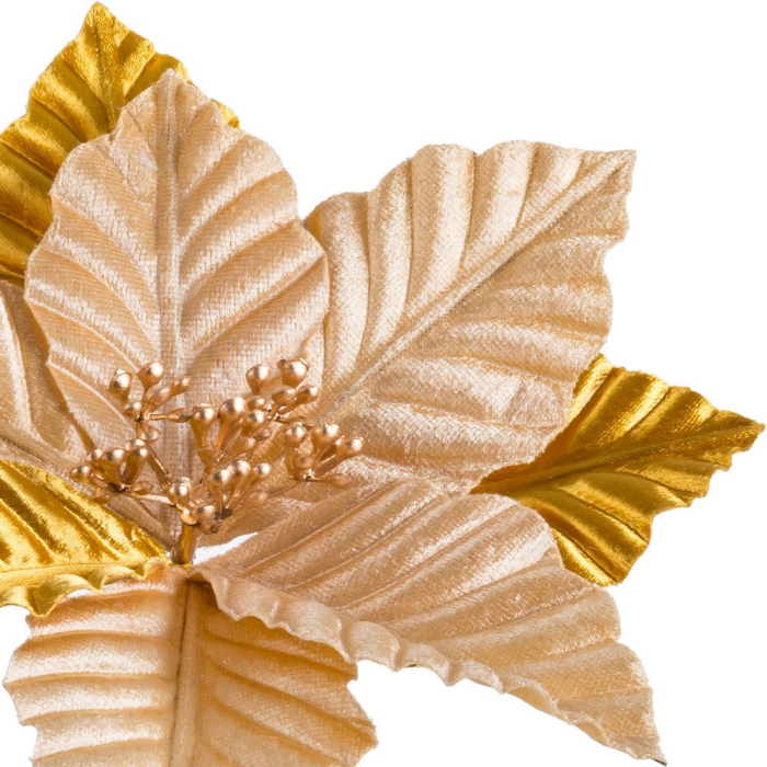 Set 24 flori poinsettia aurii cu petale satinate frunze lucioase miez de bobițe aurii și tijă [2]