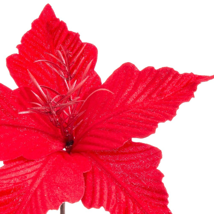 Set 24 flori poinsettia roșii din textil cu petale mari nervurate stamine argintii și tijă lungă [2]