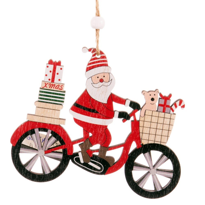 Set 24 ornamente bicicletă roșie din lemn cu Moș Crăciun ren sau om de zăpadă și cadouri [3]