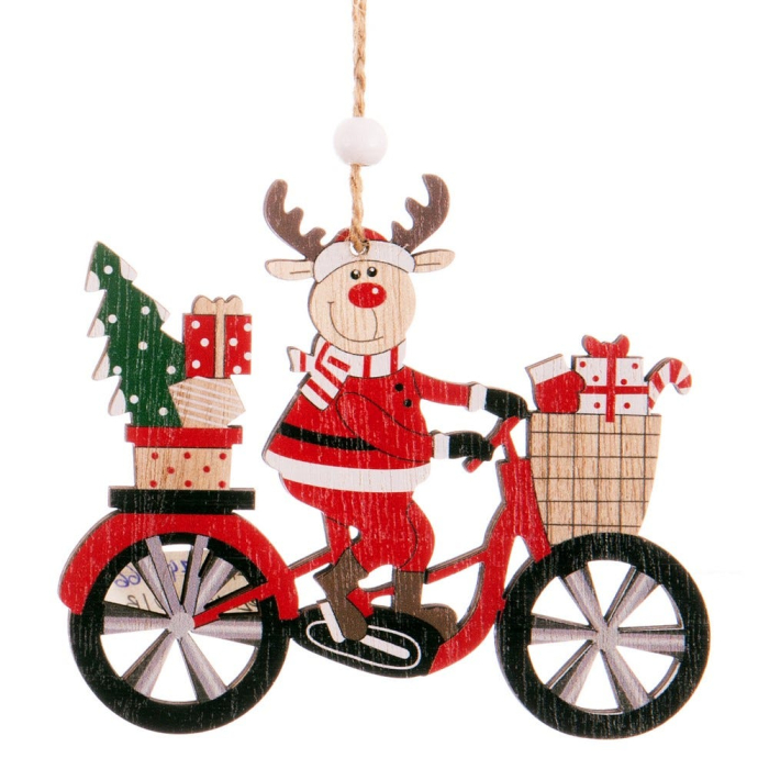 Set 24 ornamente bicicletă roșie din lemn cu Moș Crăciun ren sau om de zăpadă și cadouri [4]