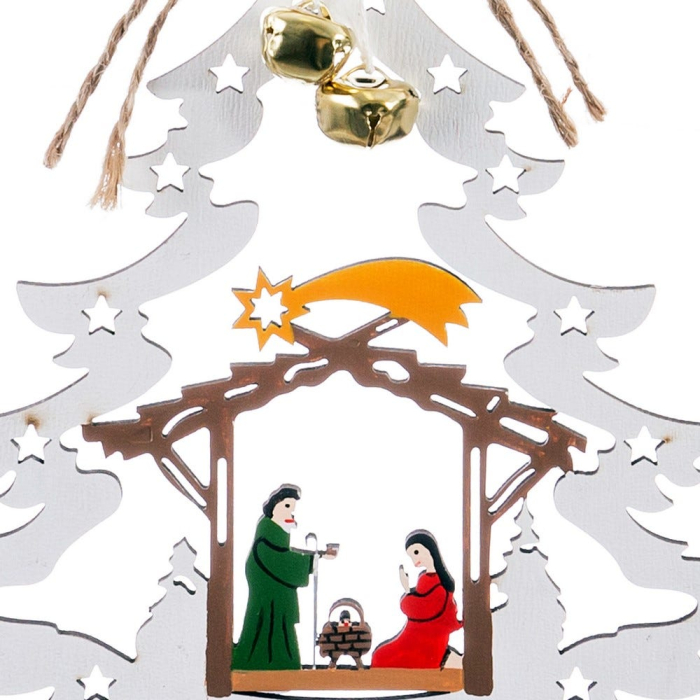 Set 24 ornamente brad alb din lemn cu iesle a Nașterii stea căzătoare și clopoței [2]