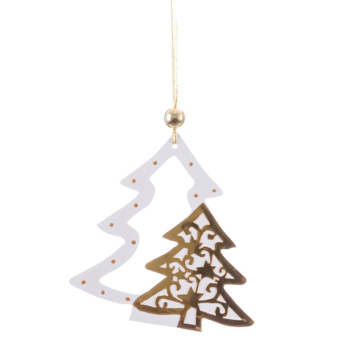 Set 24 ornamente brad contur alb din lemn cu brăduț interior decupat auriu bordo sau argintiu [2]