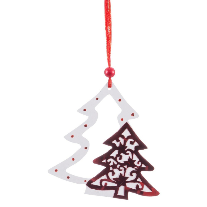 Set 24 ornamente brad contur alb din lemn cu brăduț interior decupat auriu bordo sau argintiu [4]