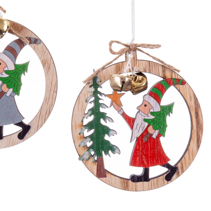 Set 24 ornamente cerc din lemn cu Moș Crăciun care duce un brad cu clopoței aurii și fundiță [2]