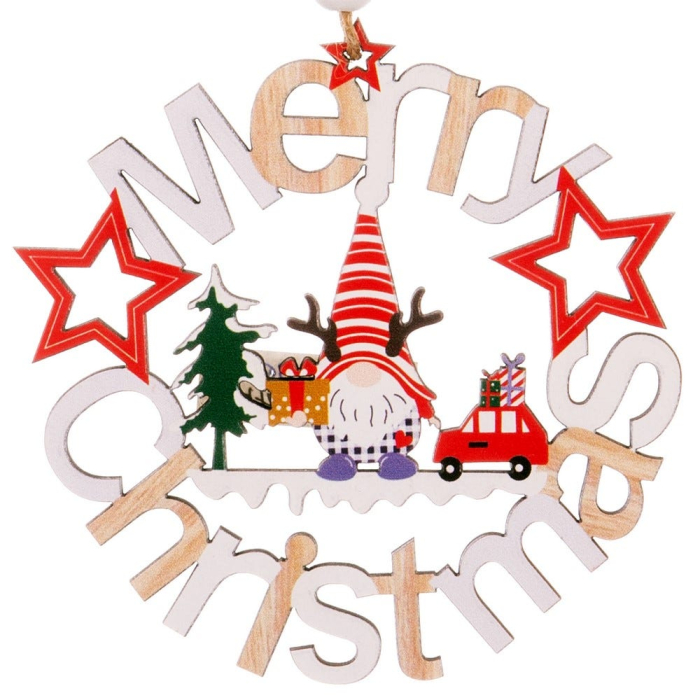 Set 24 ornamente coroană Merry Christmas din lemn cu spiriduș brazi cadouri și mașinuță roșie în centru [2]