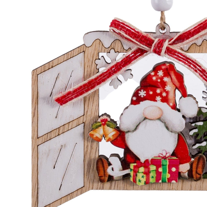 Set 24 ornamente fereastră cu obloane din lemn cu spiriduș brad cadouri clopoței și fundă în carouri [2]