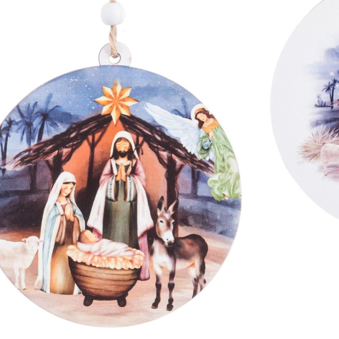 Set 24 ornamente glob rotund din lemn cu imagine a Nașterii Domnului ieslea animalele și îngerii [2]