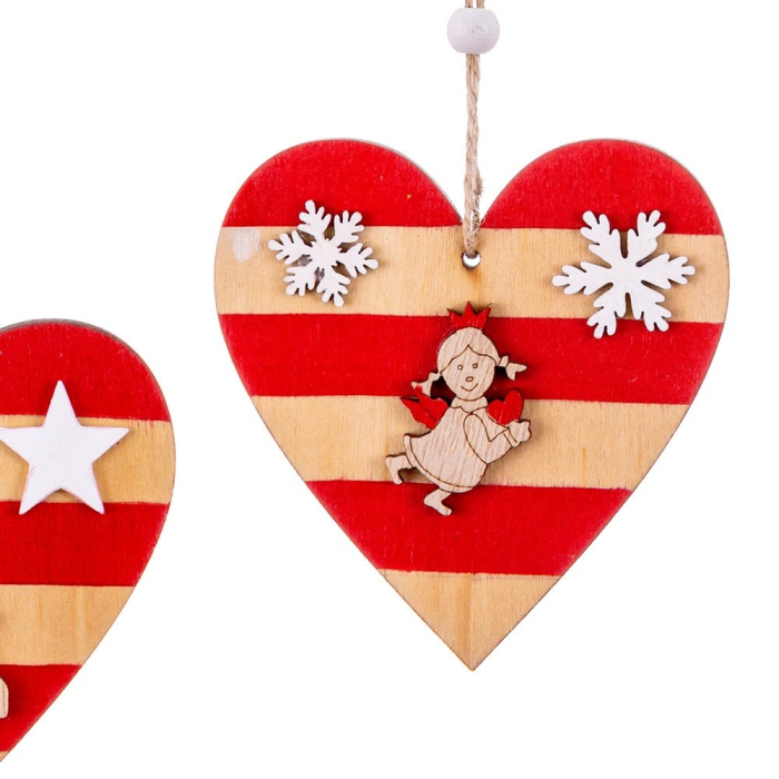 Set 24 ornamente inimă din MDF cu dungi roșii fulgi albi mașinuță cu brad și figurină de fetiță [2]