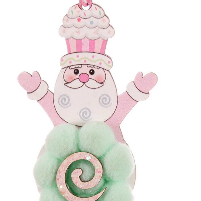 Set 24 ornamente lolipop din lemn cu Moș Crăciun cu pălărie de prăjitură pe ponpon verde mentă [2]