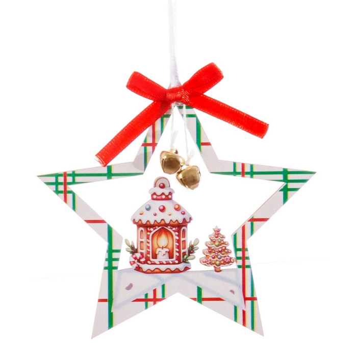 Set 24 ornamente contur de stea în carouri din lemn cu Moș căsuță sau tren de turtă dulce [2]