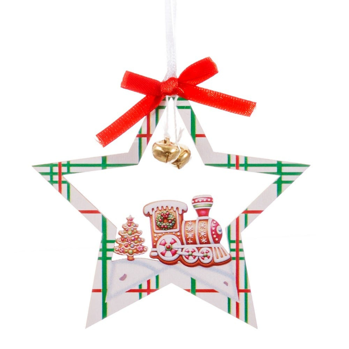 Set 24 ornamente contur de stea în carouri din lemn cu Moș căsuță sau tren de turtă dulce [4]