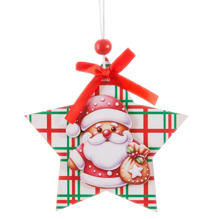 Set 24 ornamente stea în carouri roșii și verzi din lemn cu Moș Crăciun turtă dulce sau înger [3]