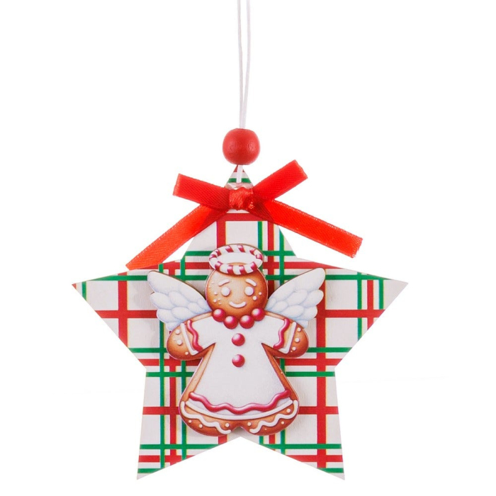 Set 24 ornamente stea în carouri roșii și verzi din lemn cu Moș Crăciun turtă dulce sau înger [4]