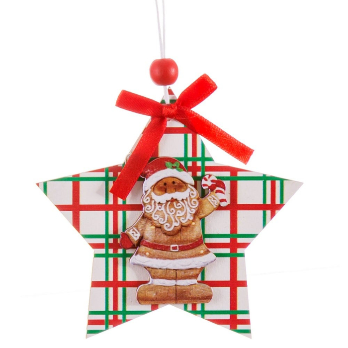 Set 24 ornamente stea în carouri roșii și verzi din lemn cu Moș Crăciun turtă dulce sau înger [2]