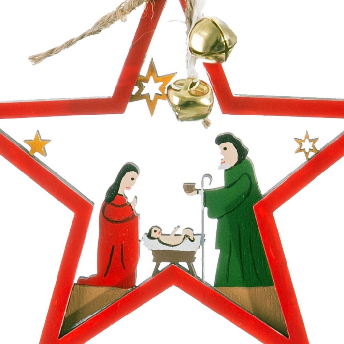 Set 24 ornamente stea roșie din lemn cu scena Nașterii Domnului clopoței aurii și fundă din sfoară [2]