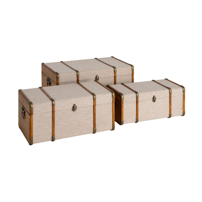 Set 3 cufere dreptunghiulare din lemn de plop și țesătură bej cu mânere laterale și colțuri din metal [7]