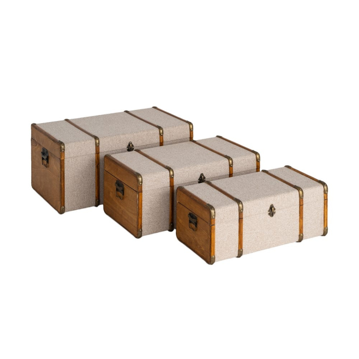 Set 3 cufere dreptunghiulare din lemn de plop și țesătură bej cu mânere laterale și colțuri din metal [6]