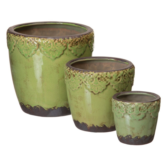 Set 3 ghivece decorative din ceramică fistic cu bandă florală [3]