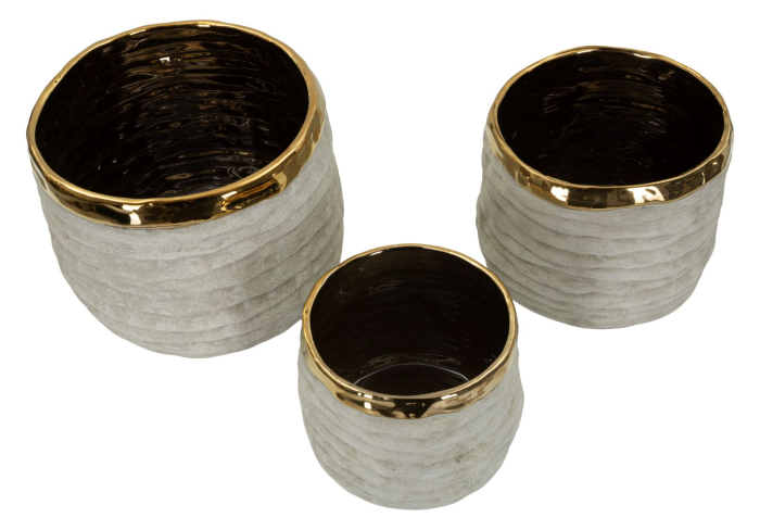 Set 3 ghivece decorative din ceramică gri mat cu interior auriu design modern [3]