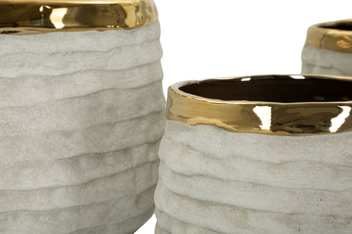 Set 3 ghivece decorative din ceramică gri mat cu interior auriu design modern [4]