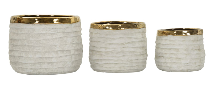 Set 3 ghivece decorative din ceramică gri mat cu interior auriu design modern [5]