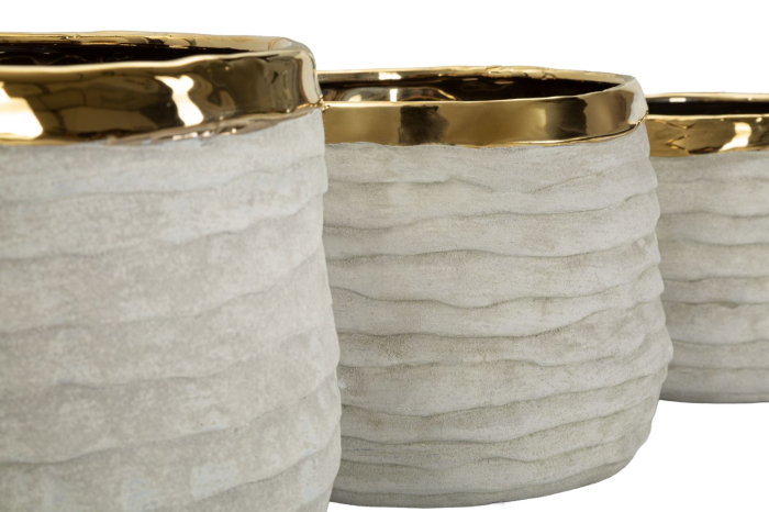 Set 3 ghivece decorative din ceramică gri mat cu interior auriu design modern [6]