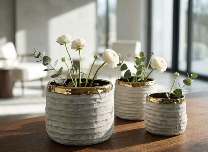 Set 3 ghivece decorative din ceramică gri mat cu interior auriu design modern [2]