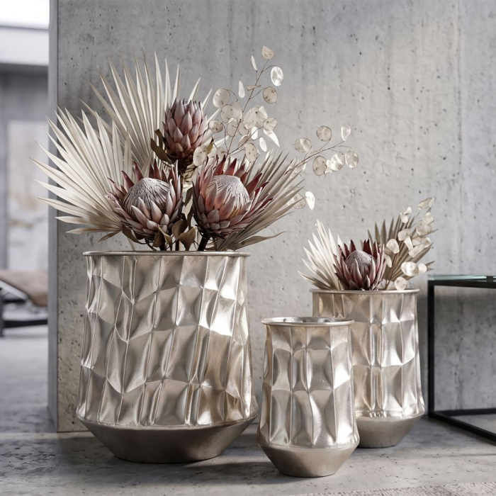 Set 3 ghivece decorative din metal argintiu cu relief fațetat în trei dimensiuni [6]
