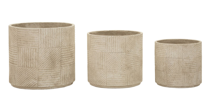 Set 3 ghivece exterior gri din polirășină cu textură geometrică gravată [2]