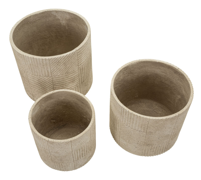 Set 3 ghivece exterior gri din polirășină cu textură geometrică gravată [3]