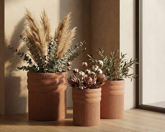 Set 3 ghivece exterior roșu teracotă din polirășină cu textură striată [7]