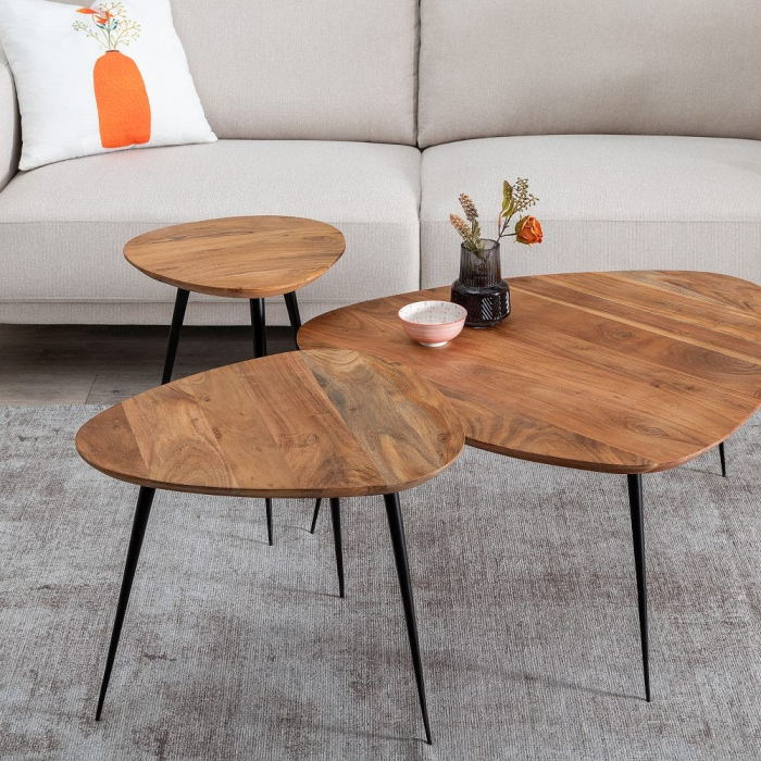 Set 3 Masute Lemn Acacia Natural, Picioare Negre Metal [2]