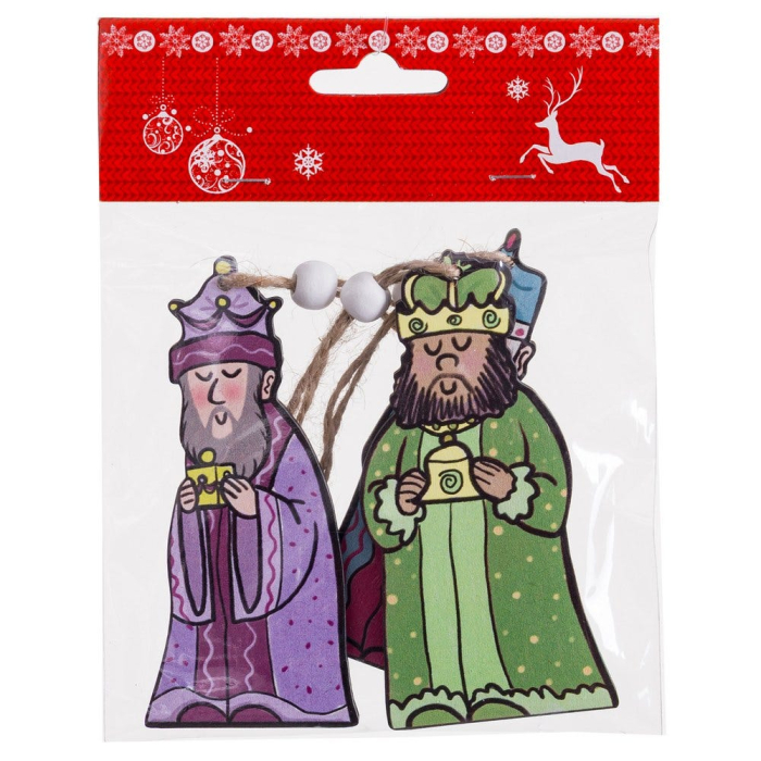 Set 3 ornamente cei trei regi magi din lemn pictat în mantii violet verde și albastru cu coroane [3]