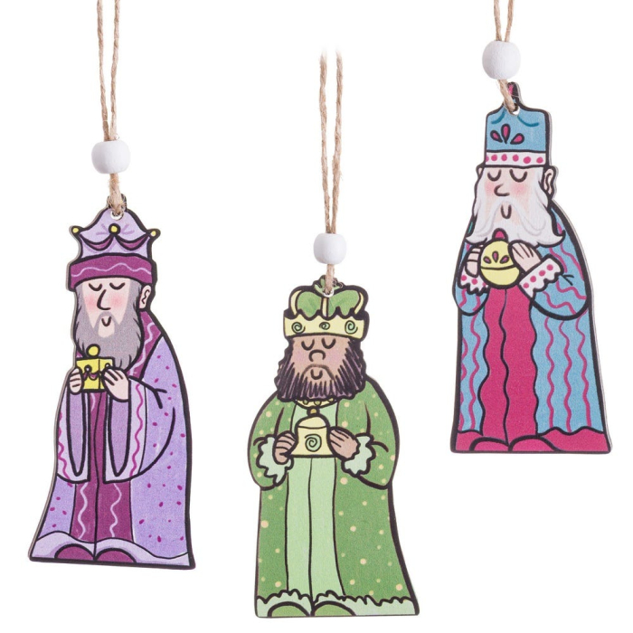 Set 3 ornamente cei trei regi magi din lemn pictat în mantii violet verde și albastru cu coroane [2]