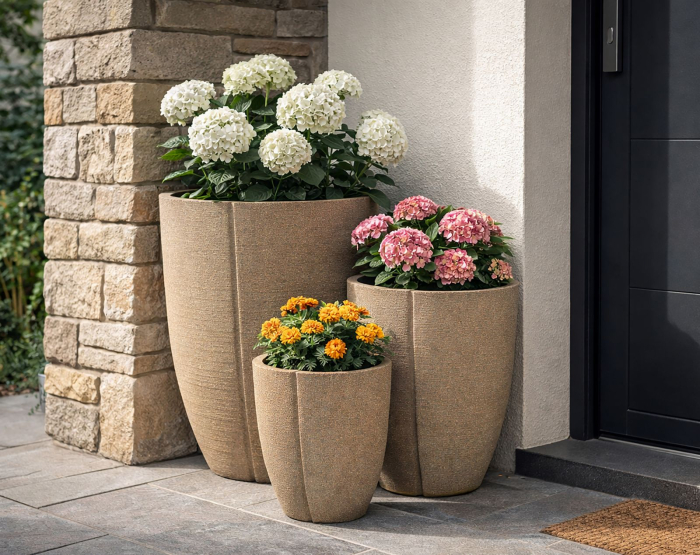 Set 3 suporturi pentru plante și flori exterior gri din rășină cu aspect mineral [6]