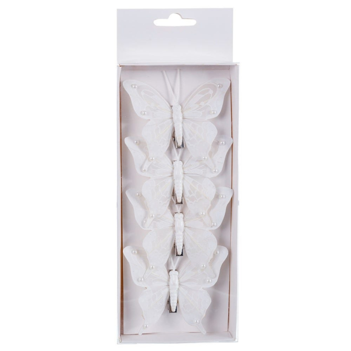 Set 4 fluturi cu clips din pene în trei variante roșu auriu sau alb pentru cadouri și brad [4]