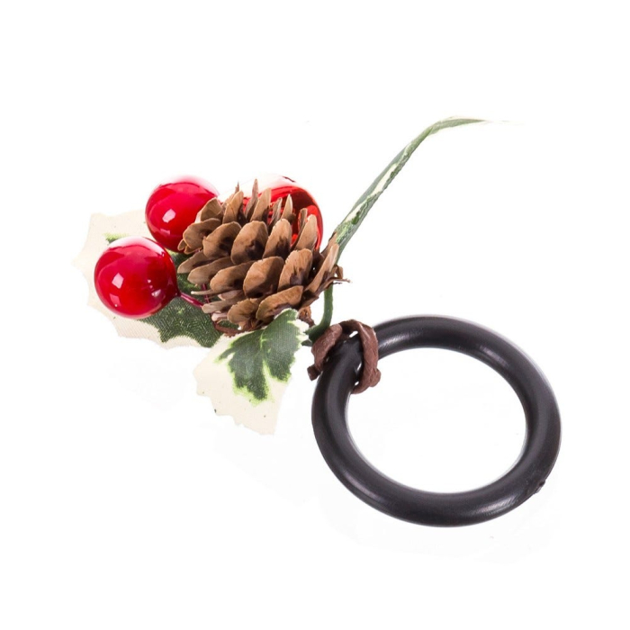 Set 4 inele de șervețele cu clopoțel roșu con de pin ilice și fructe roșii pe inel negru [2]