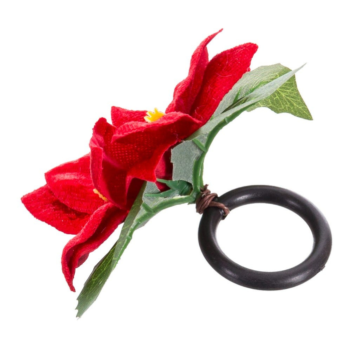 Set 4 inele de șervețele cu poinsettia roșie și frunze verzi pe inel negru pentru masa de Crăciun [2]