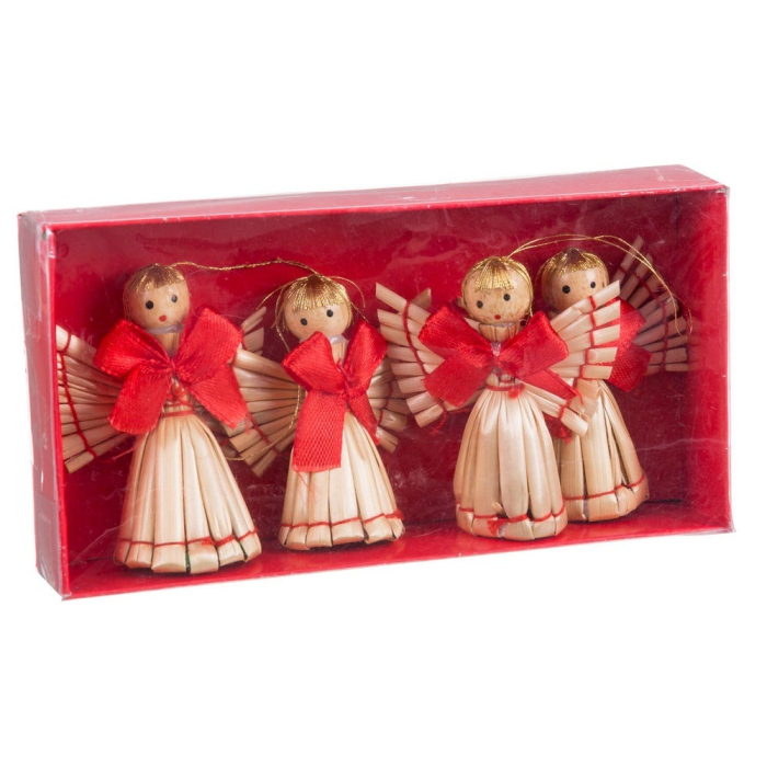 Set 4 îngerași din paie împletite cu fundă roșie la gât și aripi desfăcute ca un evantai [2]