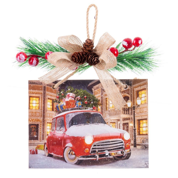 Set 4 plăci de agățat din lemn în patru modele cu carte poștală ciorapi felinar și mașină roșie [2]