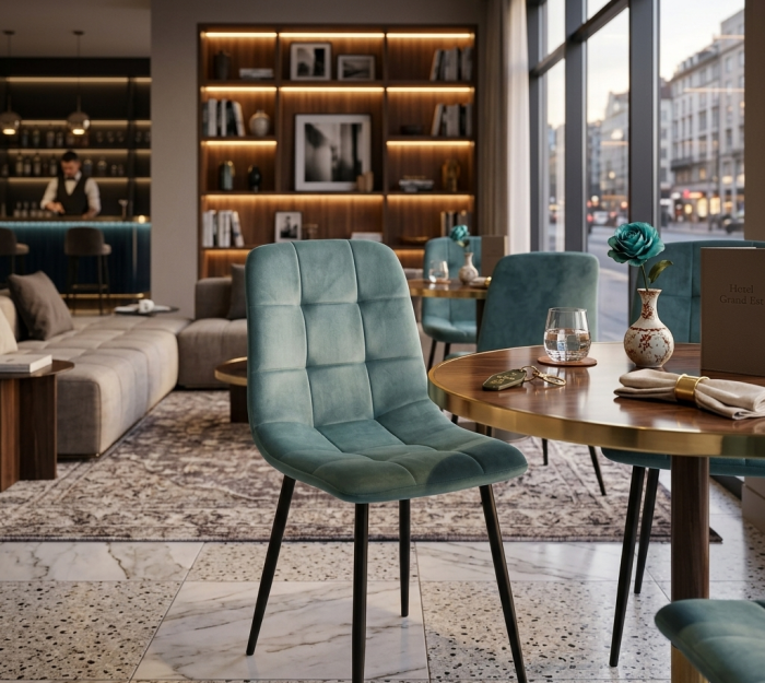 Set 4 scaune Q-Line catifea aquamarine și metal negru [2]