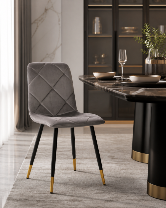 Set 4 scaune dining HoReCa din catifea gri cu picioare negre și vârfuri aurii [2]
